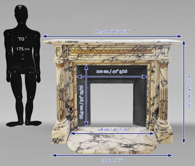 Cheminée de style Louis XVI en marbre Panazeau et bronze à colonnes détachées et cannelées-15