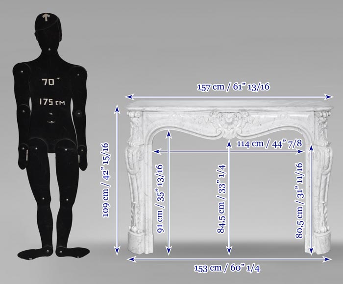 Cheminée de style Louis XV en marbre de Carrare, décorée d'une coquille fleurie-14
