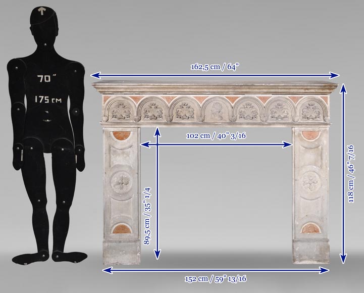 Cheminée de style néo-Renaissance en pierre et marbre, XIXe siècle-11