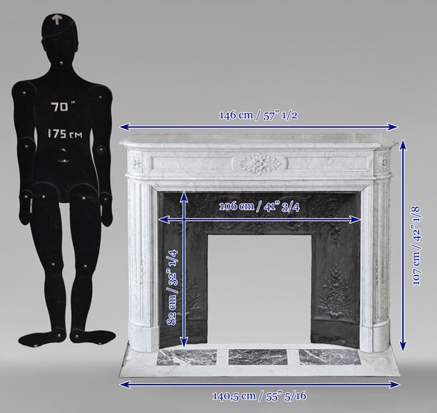 Cheminée de style Louis XVI à coins arrondis en marbre de Carrare-11