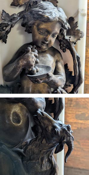 Cheminée italienne du XIXe siècle en marbre de Carrare à décor de putti sculpté et en bronze patiné-14