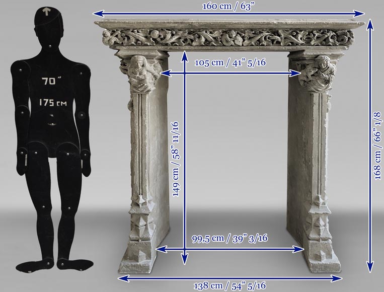 Cheminée d’époque gothique en pierre aux monstres et aux chapiteaux sculptés-14