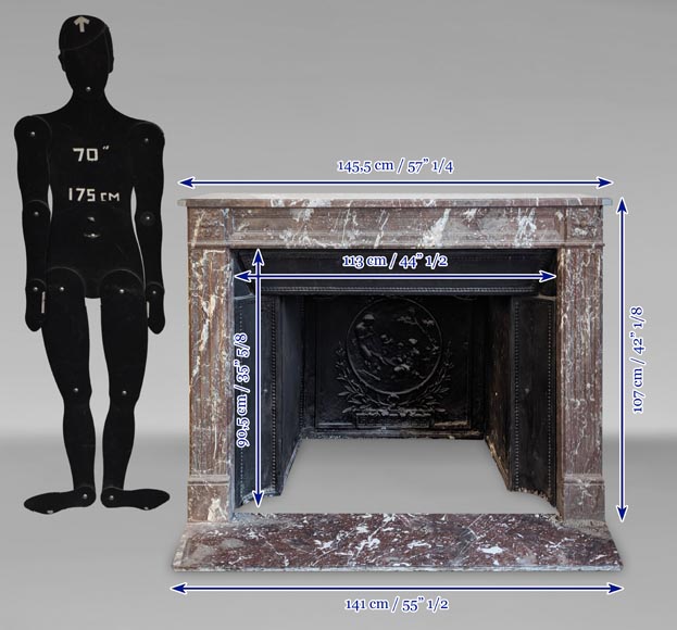 Cheminée de style Louis XVI en marbre Rouge du Nord ornée de rosaces-11