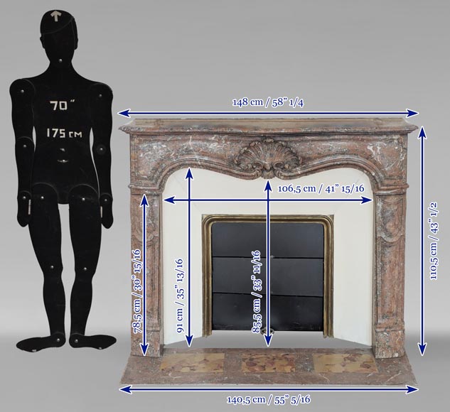 Cheminée de style Louis XV en marbre Rouge du Nord décorée d'une coquille-12