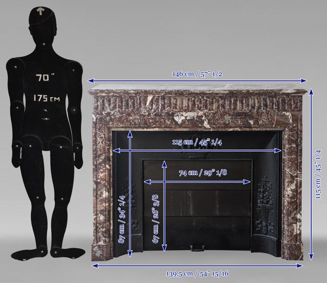 Cheminée de style Louis XIV à acrotères en marbre Rouge du Nord-10