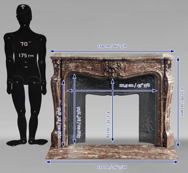 Cheminée de style Louis XV modèle à trois coquilles sculptée en marbre Rouge du Nord-11