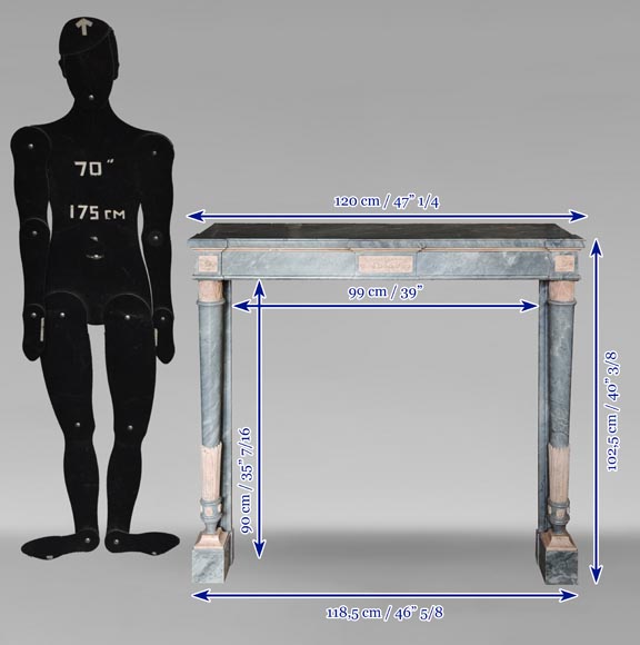 Cheminée de style Louis XVI à colonnes détachées en marbres Turquin et Rose du Portugal-11