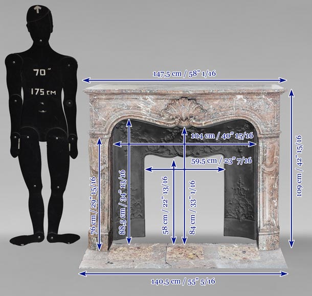 Cheminée de style Louis XV en marbre Rouge du Nord à coquille mouvementée-12