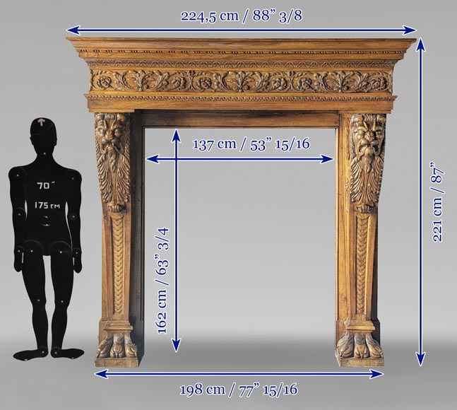 Cheminée de style Neo Renaissance sculptée en bois de noyer ornée de muffles et de pattes de lion-14