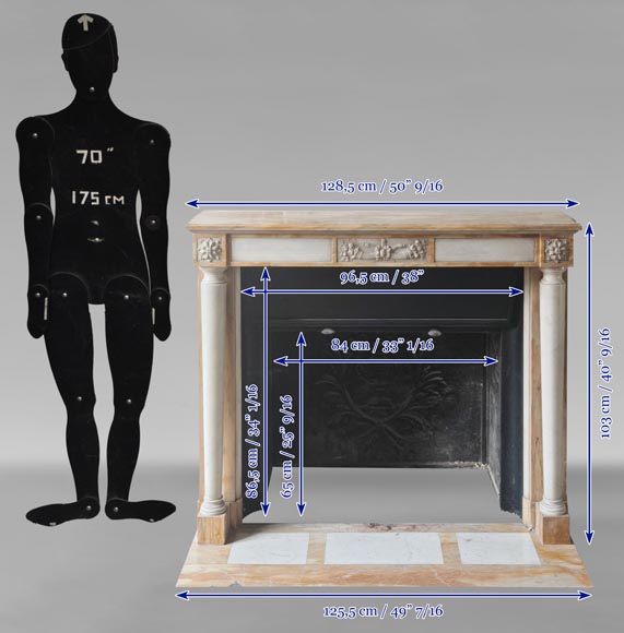 Cheminée de style Louis XVI bicolore en marbre à colonnes détachées-16