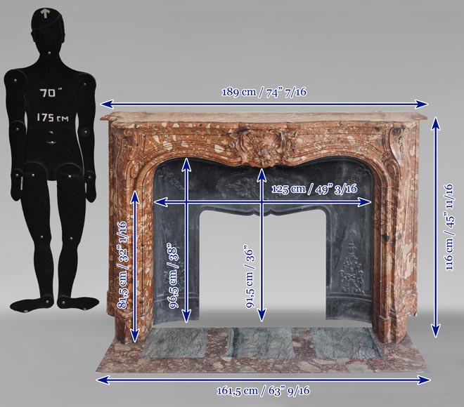 Cheminée de style Louis XV aux côtés galbés et à coquille fleurie en marbre rouge-13