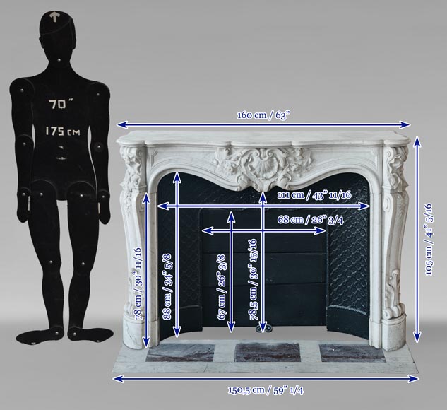 Cheminée de style Louis XV en marbre de Carrare richement sculptée-14