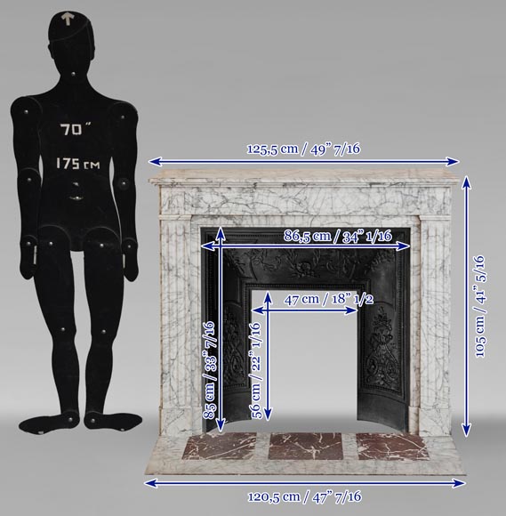 Cheminée de style Louis XVI moulurée en marbre de Carrare très veiné-10