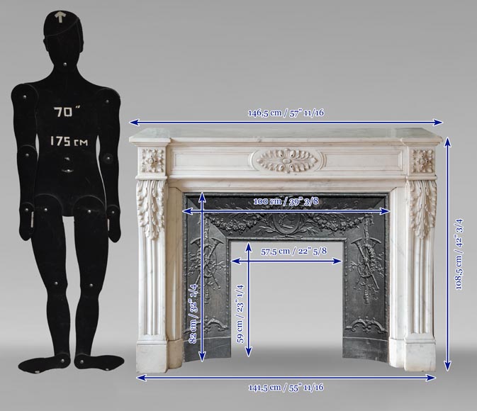 Cheminée de style Louis XVI à feuille d'acanthe sculptée en marbre de Carrare demi statuaire-10
