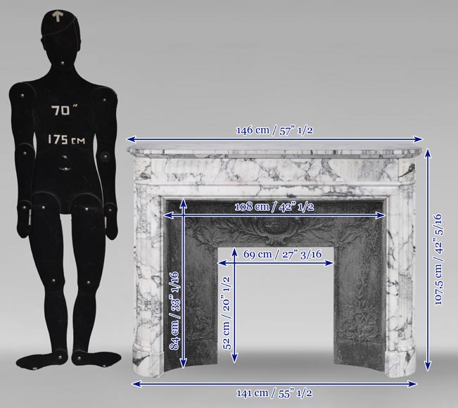 Cheminée de style Louis XVI à coins arrondis et cannelures en marbre Arabescato-10