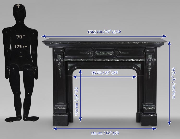 Cheminée de style Napoléon III bicolore sculptée en marbre noir fin et Vert de Mer-10