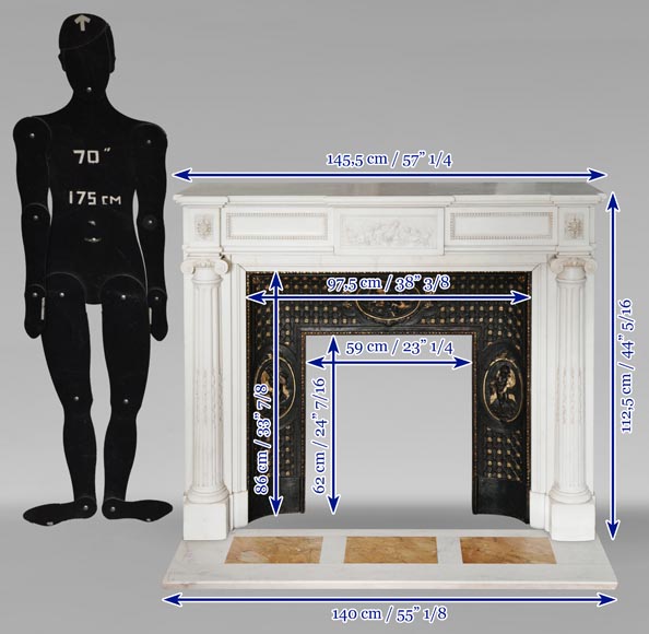 Cheminée de style Louis XVI en marbre statuaire à colonnes ionique-18
