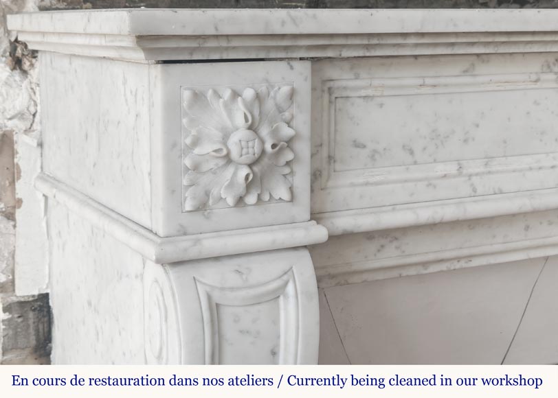 Cheminée de style Louis XVI en marbre de Carrare, décorée d'une fleur-3