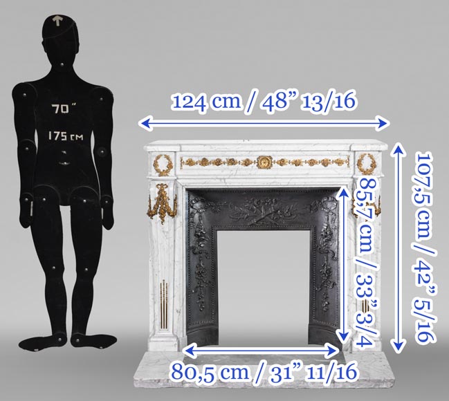 Cheminée de style Louis XVI en marbre de Carrare et bronze doré-17