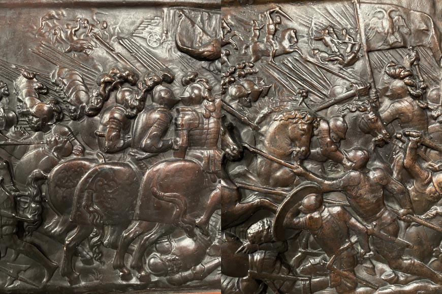 Cheminée en chêne avec bas-reliefs en plâtre imitation bronze, datée de 1896-7