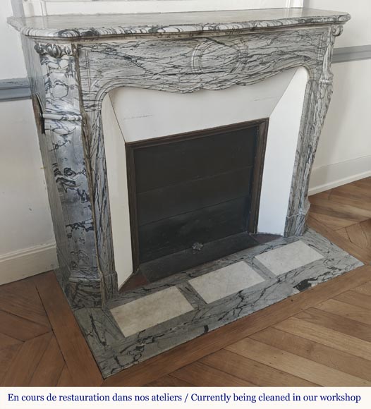 Cheminée de style Louis XV modèle Pompadour, en marbre bleu fleuri-2