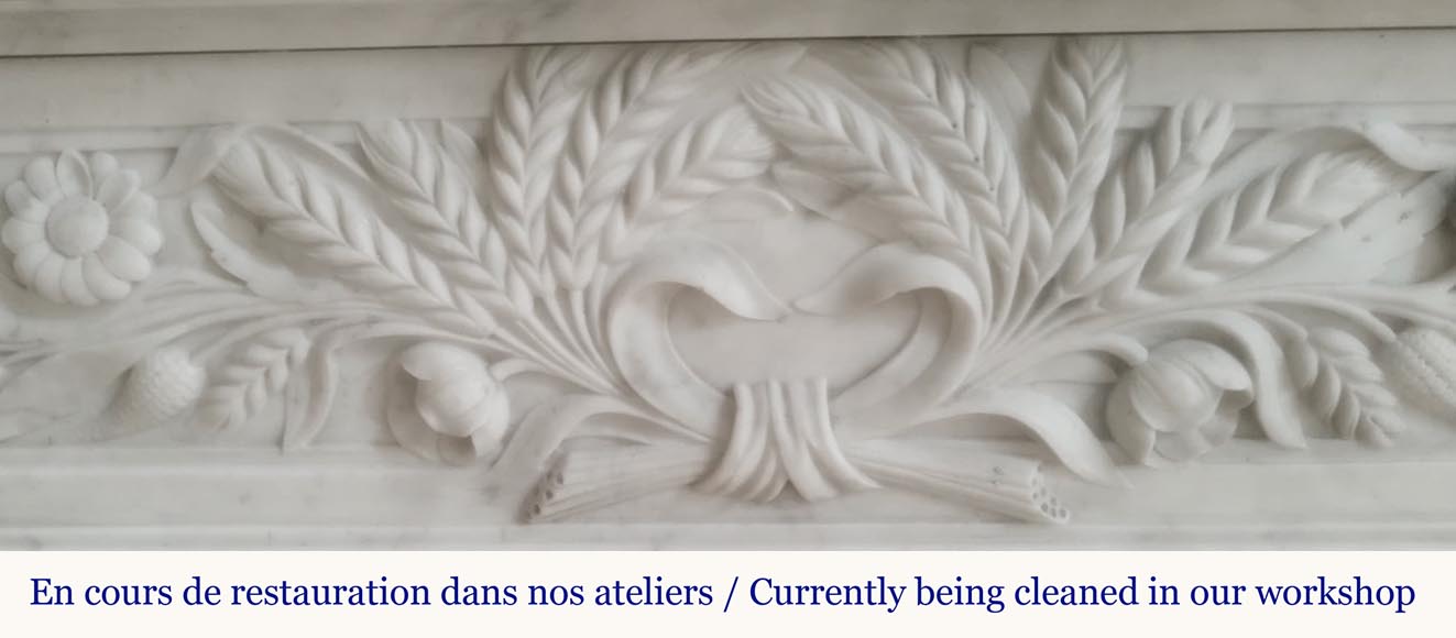 Cheminée de style Louis XVI en marbre de Carrare très sculpté, à décor floral-2