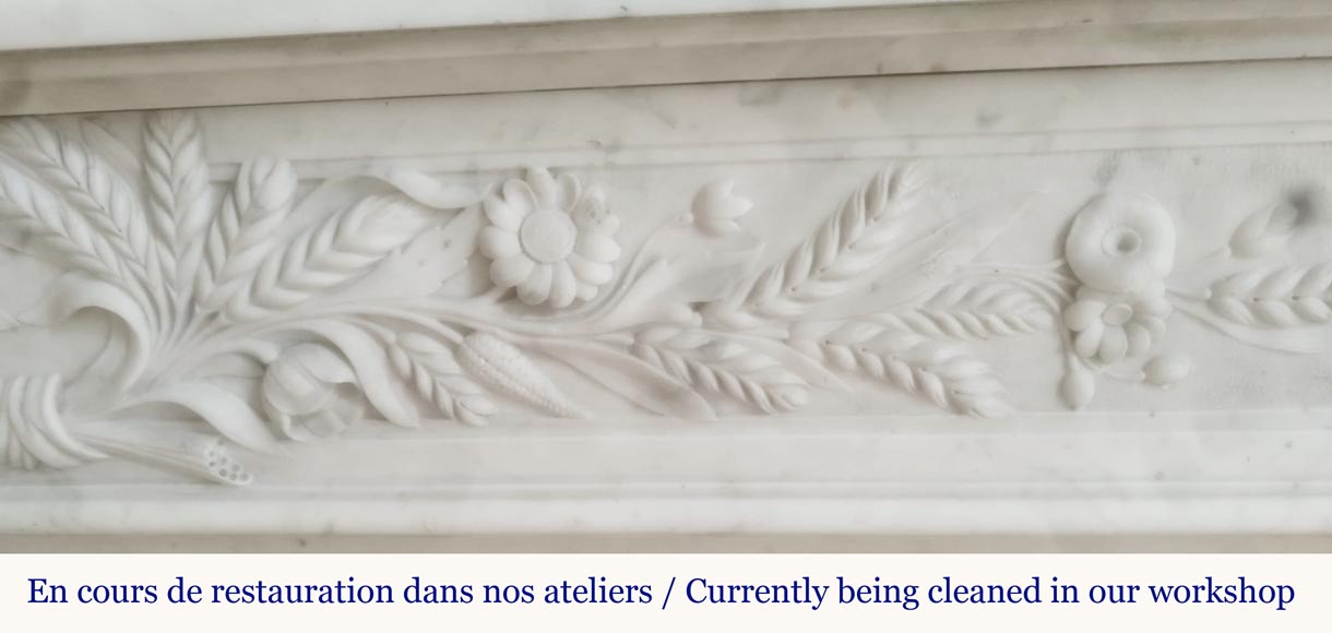 Cheminée de style Louis XVI en marbre de Carrare très sculpté, à décor floral-3