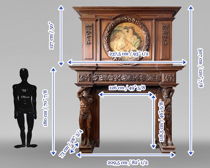 Grande cheminée monumentale en noyer sculpté, décorée d’atlantes et d’un médaillon peint-14