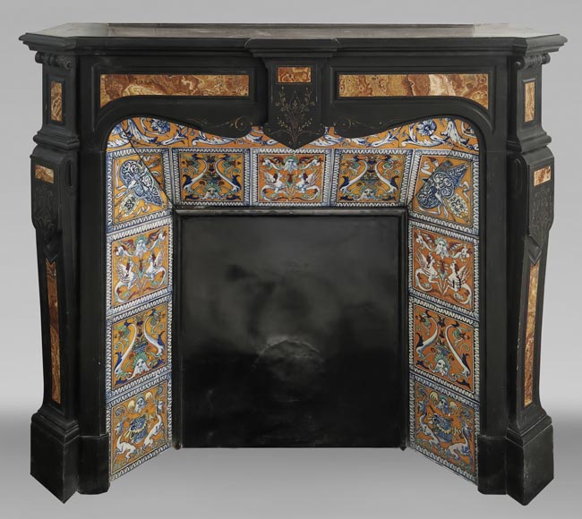 Cheminée de style Napoléon III en marbre noir fin et onyx-0