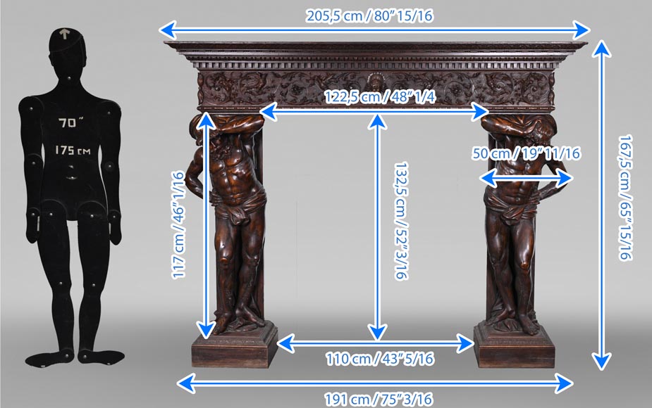Cheminée monumentale italienne en noyer sculpté, de style néo-Renaissance, vers 1880-15