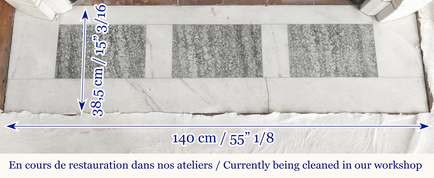 Cheminée galbée de style Louis XVI à décor de perlé, en marbre demi statuaire Cheminée galbée de style Louis XVI à décor de perlé, en marbre demi statuaire-12