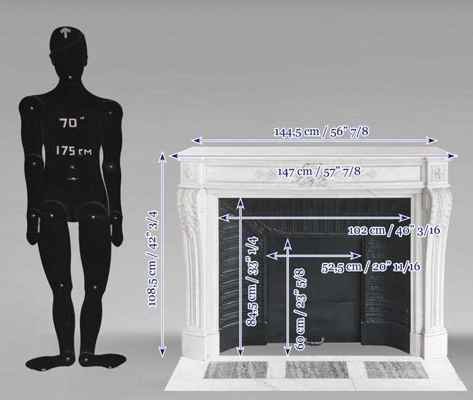 Cheminée galbée de style Louis XVI à décor de perlé, en marbre demi statuaire Cheminée galbée de style Louis XVI à décor de perlé, en marbre demi statuaire-14