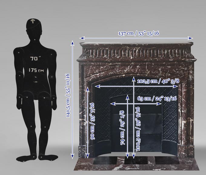 Cheminée de style Louis XVI à acrotère en marbre Rouge du Nord-10