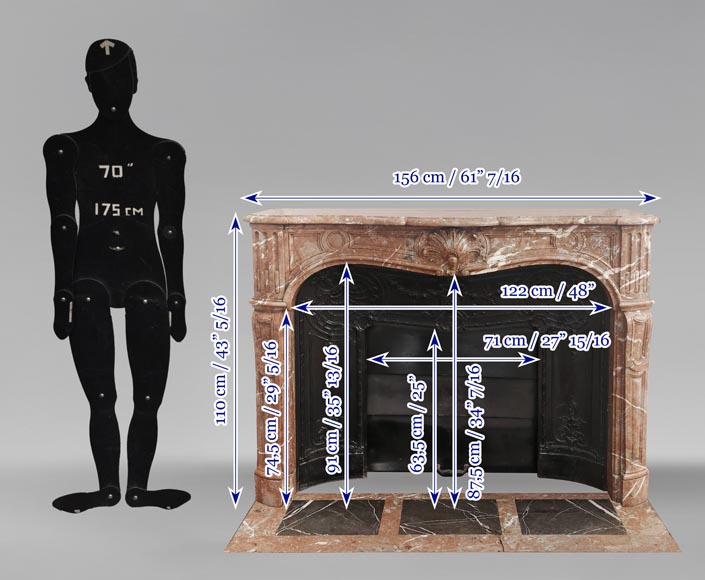 Cheminée de style Louis XV décorée d'une palmette, en marbre Rouge du Nord-12