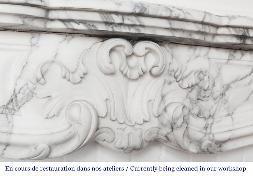 Cheminée de style Louis XV à la palmette, sculptée en marbre Arabescato-2