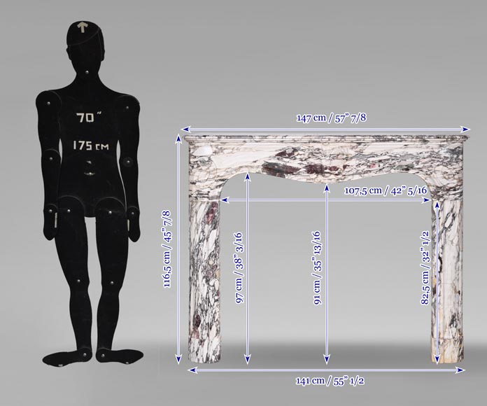 Cheminée de style Régence décorée d'une palmette, en marbre brèche violette-10