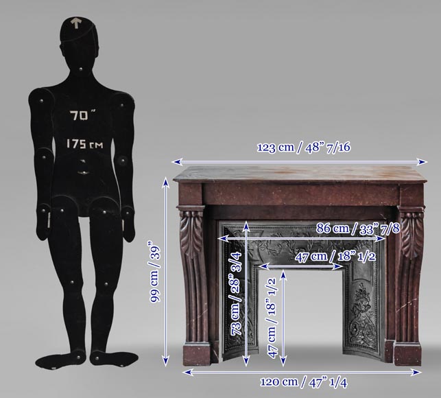 Cheminée de style Napoléon III décorée de feuilles d'acanthe, en marbre rouge griotte-9