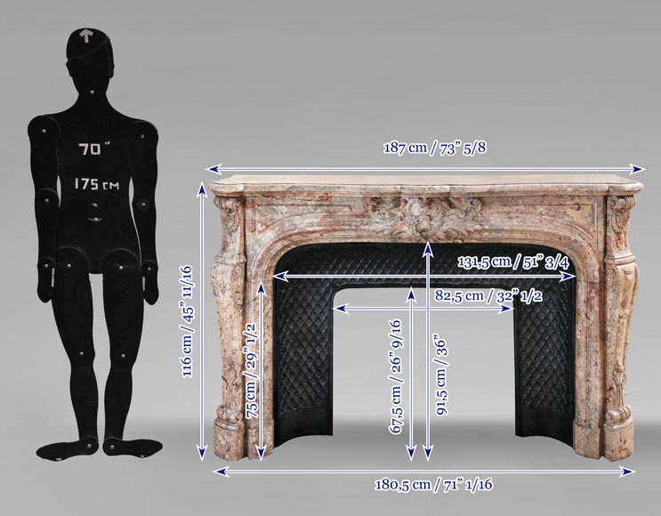 Cheminée de style Régence, en marbre Sarrancolin richement sculptée-13