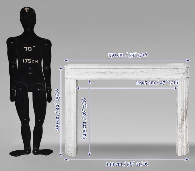 Cheminée d'époque Louis XVI en marbre de Carrare veiné, décorée d'une frise à la Grecque-10