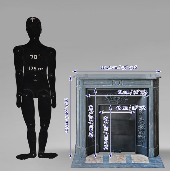 Cheminée de style Louis XVI aux coins arrondis, en marbre bleu turquin Cheminée de style Louis XVI aux coins arrondis, en marbre bleu turquin-12