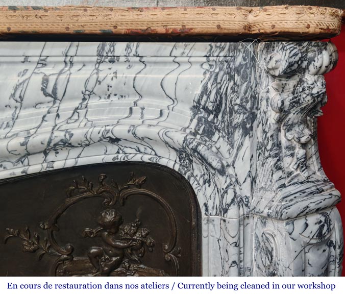 Cheminée de style Louis XV décorée d'une coquille, en marbre bleu fleuri Cheminée de style Louis XV décorée d'une coquille, en marbre bleu fleuri-7