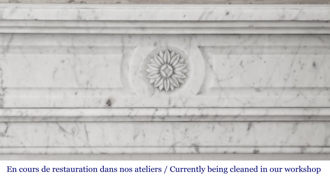 Cheminée de style Louis XVI en marbre de Carrare, décorée d'une fleur de tournesol Cheminée de style Louis XVI en marbre de Carrare, décorée d'une fleur de tournesol-1