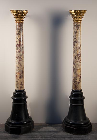 Paire de colonnes anciennes de style Louis XVI en Brèche Violette et bois sculpté et doré-0